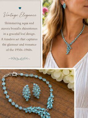 Vintage Aqua AB Rhinestone Necklace & Clip-On Earrings Set
